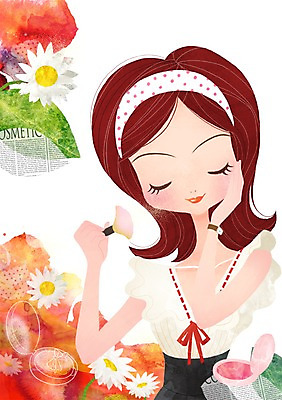 PSD 우먼라이프 라이프스타일 여자 꽃 일러스트 한명 사람 20대 라이프 10대 화장 뷰티 붓 머리띠 변화 우아함 볼터치 손목시계 여자만 여자한명만 국내일러스트 식물 1 시계 컨셉 장신구 청소년 청년 생활 파일형식