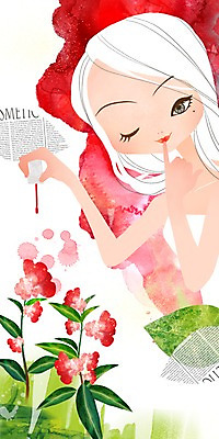 PSD 식물 우먼라이프 라이프스타일 여자 꽃 잎 일러스트 한명 사람 20대 라이프 10대 화장 뷰티 변화 우아함 입술 립틴트 봉숭아 틴트 여자만 여자한명만 국내일러스트 1 컨셉 청소년 청년 생활 신체부위 화장품 파일형식