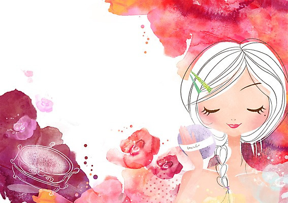 PSD 식물 우먼라이프 라이프스타일 여자 꽃 일러스트 한명 사람 20대 라이프 10대 화장 뷰티 장미 변화 우아함 바르기 파우더 분 여자만 여자한명만 두드리기 국내일러스트 1 컨셉 모션 청소년 청년 생활 파일형식