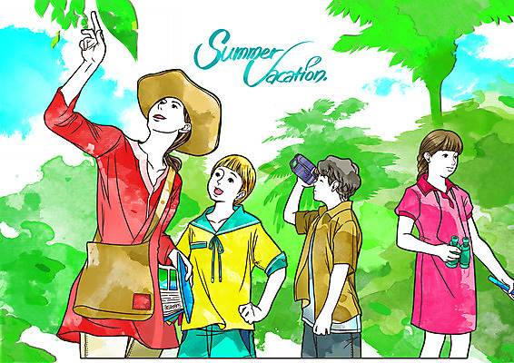 PSD 계절 여자 교육 남자 여유 일러스트 방학 여름방학 미소 웃음 사람 소년 여러명 10대 30대 여행가방 산책 망원경 체험학습 숲 즐거움 비디오카메라 국내일러스트 감정 어린이 다수 가방 청소년 휴가 휴식 표정 장년 카메라 체험 파일형식 여름_계절