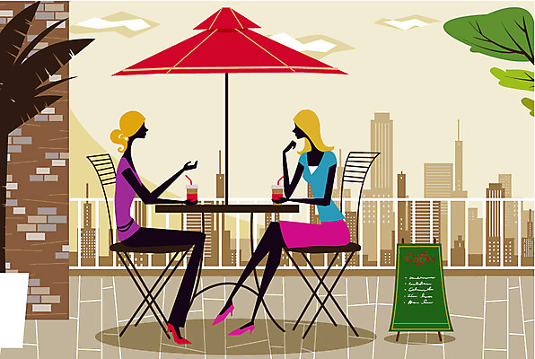 EPS 우먼라이프 라이프스타일 여자 화분 커피 음료 일러스트 티타임 휴식 사람 20대 성인 취미 두명 라이프 친구 카페 파라솔 노천카페 여자만 성인여자만 청년만 청년여자만 성인만 국내일러스트 컨셉 관계 청년 생활 상점 파일형식 벡터