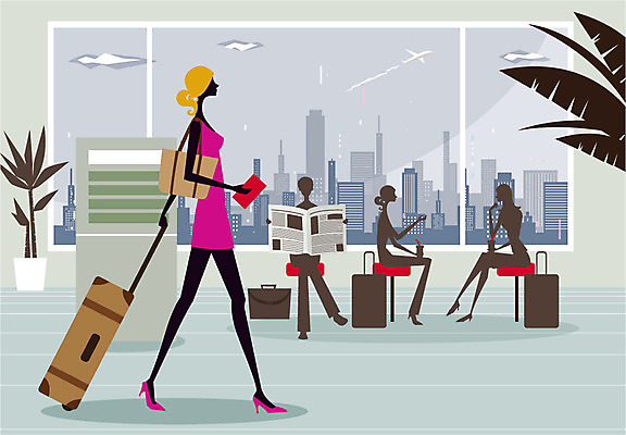 EPS 우먼라이프 라이프스타일 여자 여행 일러스트 사람 여러명 20대 성인 취미 라이프 캐리어 여행가방 공항 여자만 성인여자만 청년만 청년여자만 성인만 국내일러스트 다수 가방 교통시설 청년 생활 파일형식 벡터