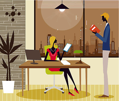 EPS 우먼라이프 라이프스타일 여자 남자 일러스트 비즈니스 사람 20대 성인 취미 두명 라이프 컴퓨터 사무실 스탠드 업무 작업실 청년만 성인만 국내일러스트 조명 청년 생활 전자제품 작업 파일형식 벡터