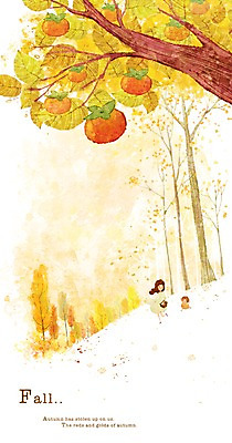 PSD 나무 식물 사계절 계절 여자 열매 어린이 백그라운드 단풍 낙엽 일러스트 단풍나무 따뜻함 감 사람 풍경 성인 두명 산책 가을 숲 언덕 감나무 여자만 가을배경 국내일러스트 잎 과일 휴식 파일형식 가을_계절