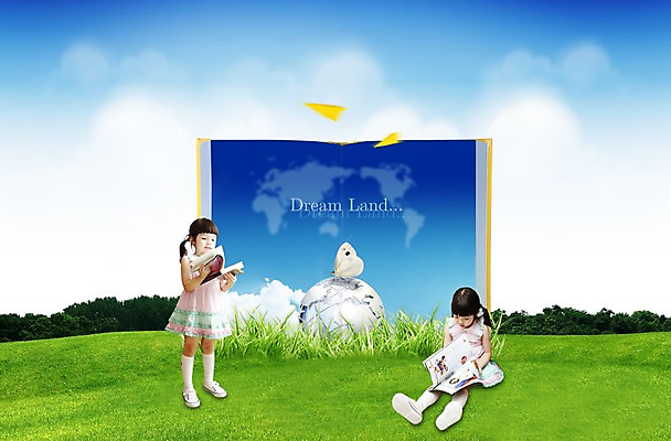 PSD 구름 편집이미지 여자 교육 어린이 나비 곤충 하늘 사람 소녀 잔디 두명 책 독서 지구본 종이비행기 책활용 여자만 어린이만 소녀만 이미지편집 자연요소 식물 동물 종이접기 활용 파일형식