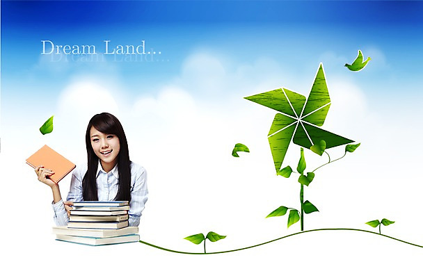 PSD 식물 편집이미지 여학생 여자 교육 줄기 하늘 한명 미소 웃음 사람 책 독서 새싹 바람개비 책활용 여자만 여자한명만 이미지편집 1 학생 표정 활용 파일형식