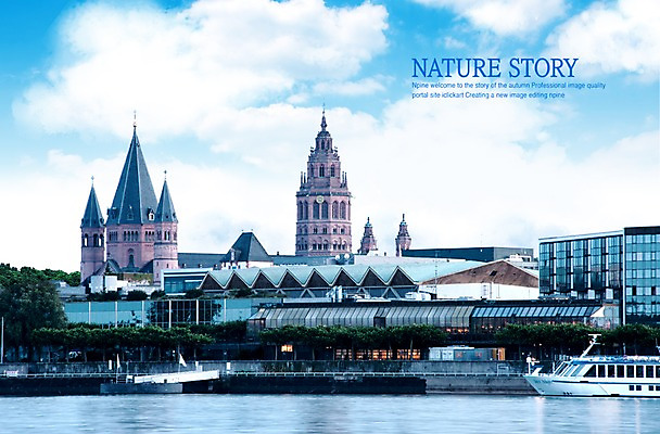 PSD 구름 편집이미지 해외풍경 해외 건축물 유럽 하늘 독일 풍경 사람없음 야외 관광지 강 도시 강가 대성당 마인츠대성당 선박 이미지편집 자연요소 건축 나라 여행 수상교통 성당 파일형식