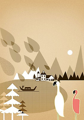 PSD 나무 동물 호수 백그라운드 일러스트 자연 조류 산 사람없음 태양 마을 플라밍고 뱃사공 자연백그라운드 선박 국내일러스트 자연요소 식물 수상교통 생태계 파일형식