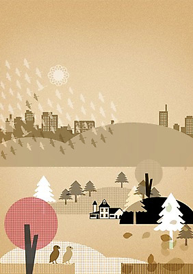 PSD 나무 백그라운드 잎 일러스트 자연 조류 나뭇잎 산 주택 빌딩 사람없음 태양 도시 숲속 언덕 자연백그라운드 교외 국내일러스트 자연요소 식물 동물 건물 숲 생태계 파일형식