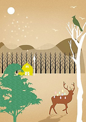 PSD 나무 동물 백그라운드 가로등 일러스트 자연 조류 사슴 사람없음 태양 숲속 숲 산장 자연백그라운드 국내일러스트 자연요소 식물 공공시설 포유류 생태계 파일형식