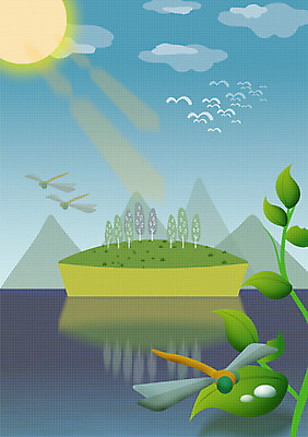 PSD 나무 동물 호수 섬 곤충 백그라운드 일러스트 자연 조류 나뭇잎 풍경 사람없음 물방울 잠자리 숲 이슬 자연백그라운드 기러기 국내일러스트 식물 잎 생태계 파일형식