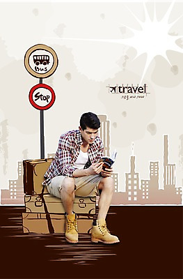 PSD 서양인 편집이미지 영어 남자 여행 한명 사람 앉기 빌딩 성인 건물 책 단어 여행가방 팻말 버스정류장 남자만 남자한명만 성인남자만 성인만 이미지편집 외국인 문자 1 건축물 가방 모션 프레임 역 파일형식