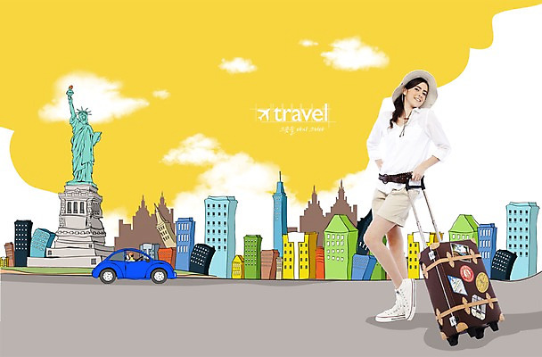 PSD 서양인 구름 편집이미지 영어 여자 여행 자동차 한명 사람 빌딩 성인 건물 단어 여행가방 도시 자유의여신상 여자만 여자한명만 성인여자만 성인만 이미지편집 자연요소 외국인 문자 1 건축물 육상교통 가방 미국 세계문화유산 파일형식