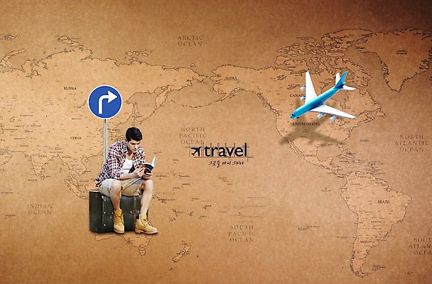 PSD 서양인 편집이미지 영어 남자 여행 세계지도 비행기 한명 사람 성인 책 단어 여행가방 팻말 남자만 남자한명만 성인남자만 성인만 이미지편집 외국인 문자 1 지도 가방 항공교통 대중교통 프레임 세계 파일형식