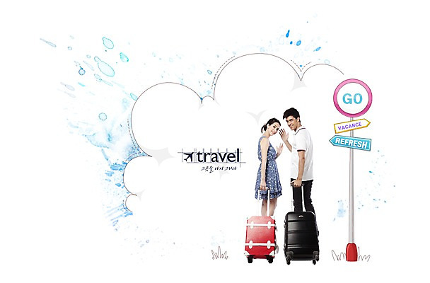 PSD 서양인 구름 편집이미지 커플 영어 여자 남자 여행 사람 잔디 성인 두명 단어 여행가방 팻말 성인만 이미지편집 자연요소 외국인 식물 문자 가방 관계 프레임 파일형식