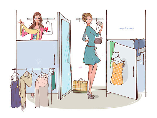 EPS 우먼라이프 라이프스타일 옷 여자 패션 행복 상의 일러스트 서기 웃음 사람 20대 성인 두명 라이프 쇼핑 종이봉투 쇼핑백 옷가게 탈의실 여자만 성인여자만 청년만 청년여자만 성인만 국내일러스트 감정 가방 모션 봉투 표정 청년 생활 상점 파일형식 벡터