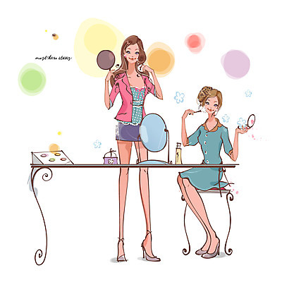 EPS 우먼라이프 라이프스타일 여자 행복 일러스트 탁자 미소 웃음 사람 20대 성인 두명 라이프 친구 쇼핑 화장 화장품 거울 백화점 파운데이션 여자만 성인여자만 청년만 청년여자만 성인만 국내일러스트 감정 가구 관계 표정 청년 생활 뷰티 상점 파일형식 벡터