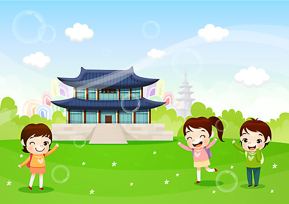 EPS 구름 학생 여학생 여자 교육 남자 행복 남학생 일러스트 청소년 한국 미소 웃음 사람 소년 10대 세명 친구 체험학습 체험 즐거움 공기방울 경복궁 방문 석가탑 십대만 국내일러스트 자연요소 감정 아시아 어린이 컨셉 관계 표정 궁전 석탑 불국사 파일형식 벡터