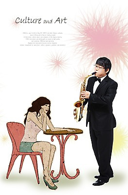 PSD 편집이미지 커플 여자 남자 문화 예술 악기 프로포즈 연주 의자 데이트 탁자 문화예술 사랑 사람 앉기 동양인 정장 턱시도 성인 두명 색소폰 즐거움 그림 성인만 이미지편집 옷 감정 음악 가구 관계 모션 인종 목관악기 파일형식