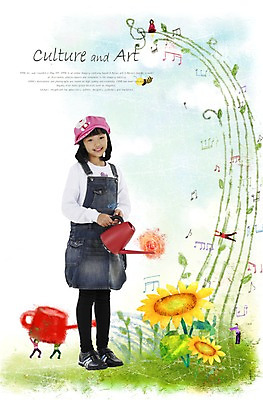 PSD 편집이미지 여자 꽃 문화 화초 어린이 예술 음표 문화예술 해바라기 한명 미소 웃음 사람 동양인 소녀 물뿌리개 악보 즐거움 그림 원예 오선 여자만 여자한명만 어린이만 소녀만 소녀한명만 이미지편집 식물 1 기호 감정 음악 표정 인종 취미 파일형식