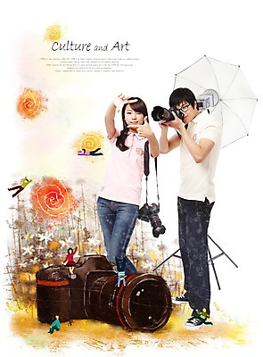 PSD 편집이미지 커플 여자 남자 꽃 문화 예술 꽃밭 문화예술 조명 서기 사람 동양인 두명 카메라 사진촬영 촬영 즐거움 그림 삼각대 기념사진 이미지편집 식물 감정 관계 모션 인종 전자제품 파일형식