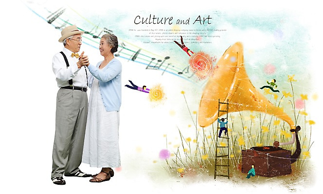 PSD 편집이미지 부부 커플 여자 할아버지 노년 남자 꽃 문화 할머니 예술 음악 꽃밭 데이트 음표 문화예술 미소 웃음 사람 동양인 성인 두명 노부부 춤 즐거움 그림 축음기 오선 노인만 성인만 이미지편집 식물 기호 감정 음향기기 관계 표정 인종 골동품 파일형식