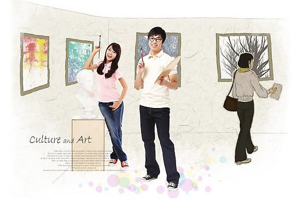 PSD 편집이미지 여자 남자 문화 예술 액자 문화예술 서기 미소 웃음 사람 동양인 성인 미술도구 붓 그리기 팔레트 미술관 즐거움 그림 작품 석고상 명화 성인만 이미지편집 감정 모션 표정 미술 인종 오브젝트 파일형식