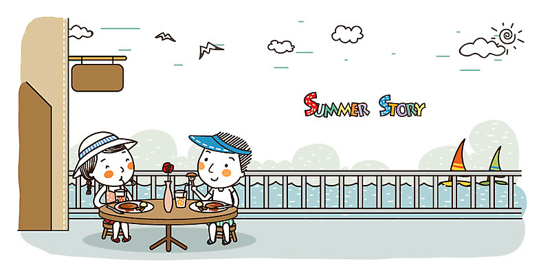 EPS 커플 여자 남자 꽃 여유 데이트 일러스트 휴가 휴식 웃음 사람 20대 성인 두명 여름 여름휴가 바캉스 레스토랑 식사 기쁨 돈가스 즐거움 썸머스토리 청년만 성인만 국내일러스트 식물 계절 감정 컨셉 관계 표정 청년 식당 커틀릿 파일형식 벡터 여름_계절