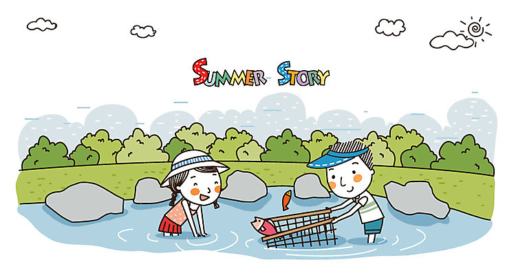 EPS 커플 여자 남자 여유 일러스트 휴가 휴식 어류 미소 웃음 사람 20대 성인 두명 여름 여름휴가 바캉스 기쁨 돌_바위 연못 그물 숲 즐거움 고기잡이 썸머스토리 청년만 성인만 국내일러스트 계절 감정 컨셉 관계 표정 어업 청년 수중동물 파일형식 벡터 여름_계절