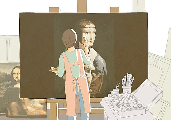 PSD 여자 문화 예술 일러스트 문화예술 미술 한명 사람 20대 성인 상자 공연 이젤 그림 작품 캔버스 화가 미술가 담비를안고있는여인 레오나르도다빈치 모나리자 모작 유화 화구 여자만 여자한명만 성인여자만 청년만 청년여자만 성인한명만 청년여자한명만 성인여자한명만 성인만 국내일러스트 직업 1 이벤트 청년 미술도구 예술가 파일형식