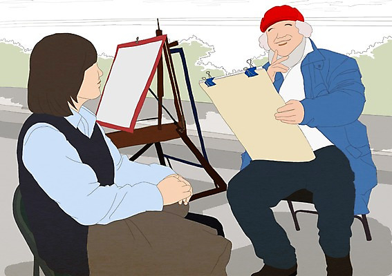 PSD 모델 여자 남자 문화 예술 50대 일러스트 문화예술 미술 사람 두명 30대 공연 이젤 그림 캔버스 화가 베레모 초상화 성인만 국내일러스트 직업 모자_잡화 중년 이벤트 장년 미술도구 파일형식