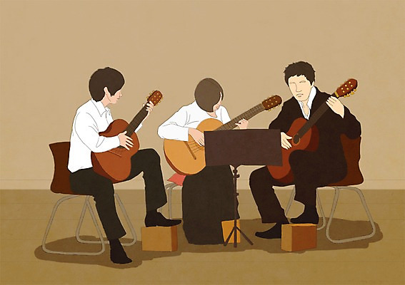 PSD 여자 남자 문화 예술 악기 음악 연주 일러스트 문화예술 사람 20대 성인 세명 30대 공연 연주자 음악가 기타 클래식기타 통기타 악보 그림 합주 성인만 국내일러스트 직업 현악기 이벤트 청년 장년 파일형식