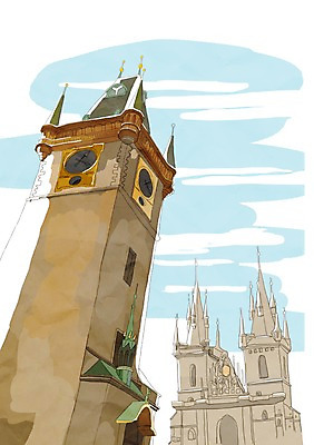 PSD 해외풍경 해외 건축물 여행 일러스트 사람없음 건물 관광지 세계 도시 세계여행 시계탑 체코 프라하 구시가지 국내일러스트 건축 유럽 풍경 탑 파일형식