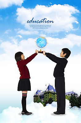 PSD 구름 편집이미지 학생 여학생 여자 교육 남자 교복 남학생 학교 청소년 하늘 서기 미소 웃음 들기 사람 동양인 소년 두명 글로벌 지구본 공기방울 십대만 이미지편집 자연요소 옷 어린이 모션 표정 인종 파일형식