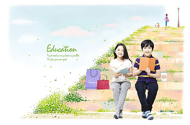 PSD 편집이미지 학생 여학생 여자 어린이교육 교육 남자 음료 어린이 남학생 가방 웃음 사람 앉기 동양인 소녀 소년 두명 책 독서 쇼핑백 계단 어린이만 이미지편집 잡화 모션 표정 인종 파일형식