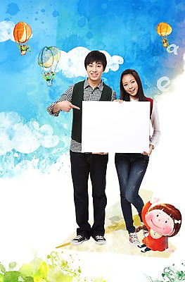 PSD 구름 편집이미지 캐릭터 학생 여학생 여자 교육 남자 종이 남학생 청소년 하늘 서기 미소 웃음 사람 동양인 소년 두명 팻말 십대만 이미지편집 자연요소 어린이 모션 프레임 표정 인종 파일형식