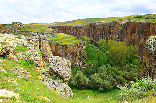 포토 JPG 주간 나무 식물 구름 해외풍경 해외 중동 자연 하늘 주택 카파도키아 풍경 초원 사람없음 야외 마을 골짜기 계곡 절벽 암석 돌_바위 바위 으흐랄라계곡 고산지대 튀르키예 국내포토 자연요소 나라 아시아 산 건물 생태계 파일형식