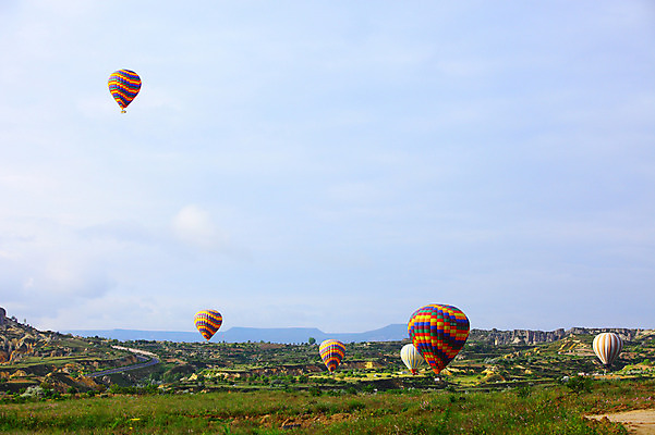 포토 JPG 주간 나무 식물 구름 해외풍경 해외 도로 길 여행 중동 자동차 자연 하늘 레저 바위산 산 카파도키아 풍경 초원 사람없음 야외 레포츠 돌_바위 바위 열기구 비행 언덕 애드벌룬 풍선 튀르키예 국내포토 자연요소 나라 아시아 육상교통 항공교통 교통시설 돌산 생태계 파일형식