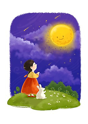 PSD 동물 한마리 전통 여자 명절 행복 일러스트 한명 사람 10대 추석 보름달 달 토끼 전통의상 한복 언덕 소원 달맞이 소원빌기 여자만 여자한명만 십대만 십대여자만 십대여자한명만 국내일러스트 자연요소 1 한국전통 기념일 감정 포유류 청소년 반려동물 파일형식