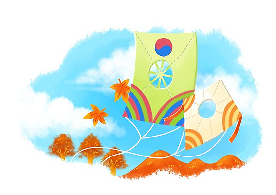 PSD 나무 구름 전통 명절 행복 단풍 일러스트 놀이 하늘 나뭇잎 사람없음 추석 전통놀이 심볼 언덕 연 연날리기 태극 방패연 국내일러스트 자연요소 식물 문양 기념일 감정 잎 놀이용품 파일형식