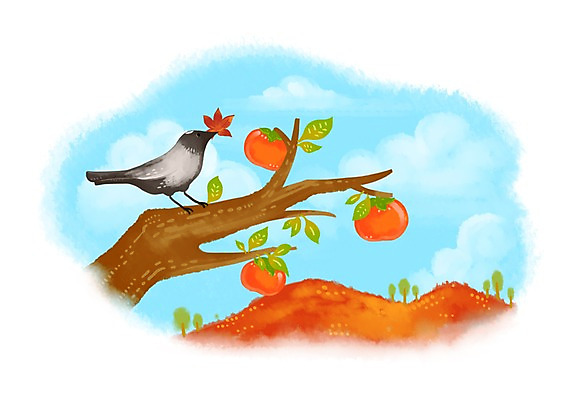 PSD 동물 한마리 명절 열매 행복 과일 일러스트 조류 휴식 감 사람없음 추석 나뭇가지 언덕 감나무 까치 국내일러스트 나무 식물 1 전통 기념일 감정 컨셉 파일형식