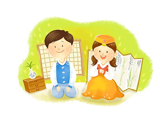 PSD 전통 여자 명절 남자 행복 일러스트 창문 미소 웃음 사람 소년 두명 10대 추석 인사 절 전통의상 한복 병풍 큰절 십대만 국내일러스트 한국전통 기념일 감정 어린이 청소년 표정 예절 절_인사 파일형식