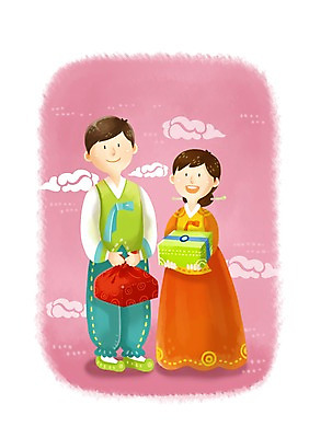 PSD 전통 부부 커플 여자 명절 남자 행복 일러스트 선물 미소 웃음 사람 20대 성인 두명 추석 인사 전통의상 한복 보따리 방문 고향 추석선물 청년만 성인만 국내일러스트 한국전통 기념일 감정 관계 표정 청년 예절 파일형식 명절선물