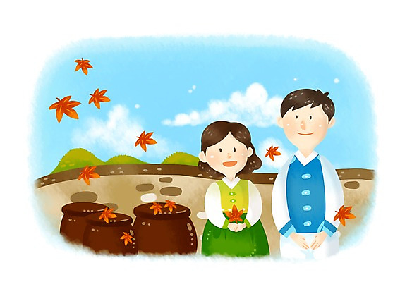 PSD 전통 부부 커플 여자 명절 남자 행복 낙엽 일러스트 미소 웃음 사람 성인 두명 30대 추석 항아리 전통의상 한복 방문 고향 장년만 성인만 국내일러스트 한국전통 기념일 감정 잎 관계 표정 장년 도자기 파일형식
