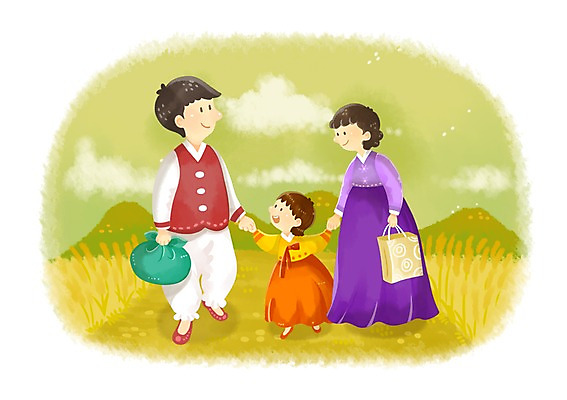 PSD 전통 여자 명절 남자 행복 아들 어린이 일러스트 가족 엄마 선물 미소 웃음 사람 소년 성인 세명 부모 추석 자녀 시골 아빠 전통의상 한복 방문 선물꾸러미 고향 추석선물 국내일러스트 한국전통 기념일 감정 관계 표정 파일형식 명절선물