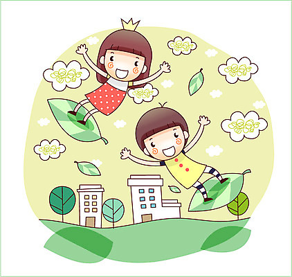 EPS 여자 남자 어린이 잎 일러스트 상상 하늘 나뭇잎 왕관 미소 웃음 사람 소녀 소년 두명 건물 10대 판타지 꿈 비행 소통 십대만 국내일러스트 식물 건축물 컨셉 청소년 표정 파일형식 벡터