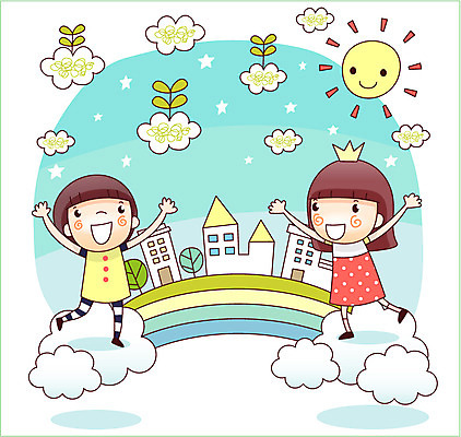 EPS 식물 구름 여자 남자 어린이 무지개 일러스트 상상 왕관 주택 미소 웃음 사람 소녀 소년 두명 건물 10대 판타지 태양 새싹 꿈 풀 소통 십대만 국내일러스트 자연요소 건축물 컨셉 청소년 표정 파일형식 벡터