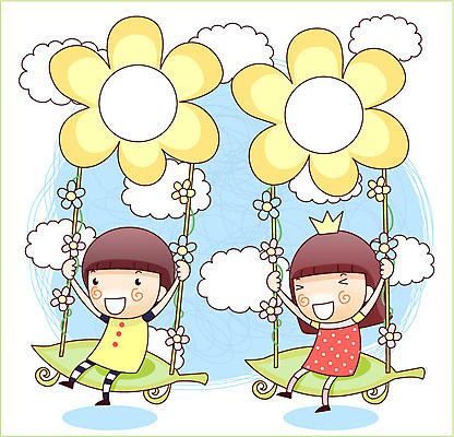 EPS 구름 여자 남자 어린이 일러스트 상상 나뭇잎 왕관 미소 웃음 사람 소녀 소년 두명 10대 판타지 꿈 놀이기구 그네 소통 꽃그네 십대만 국내일러스트 자연요소 컨셉 잎 청소년 표정 파일형식 벡터