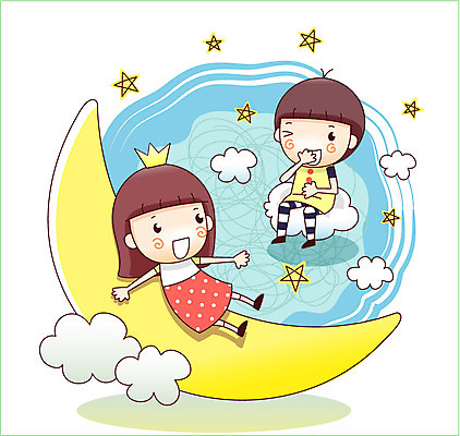 EPS 구름 여자 남자 별 어린이 일러스트 상상 하늘 왕관 웃음 사람 소녀 소년 두명 10대 판타지 꿈 달 초승달 소통 십대만 국내일러스트 자연요소 컨셉 청소년 표정 파일형식 벡터