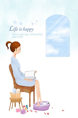 PSD 라이프스타일 여자 일러스트 창문 한명 미소 웃음 사람 앉기 성인 라이프 책 뷰티 족욕 족욕기 피로회복 여자만 여자한명만 성인여자만 성인만 국내일러스트 1 모션 표정 생활 회복 파일형식